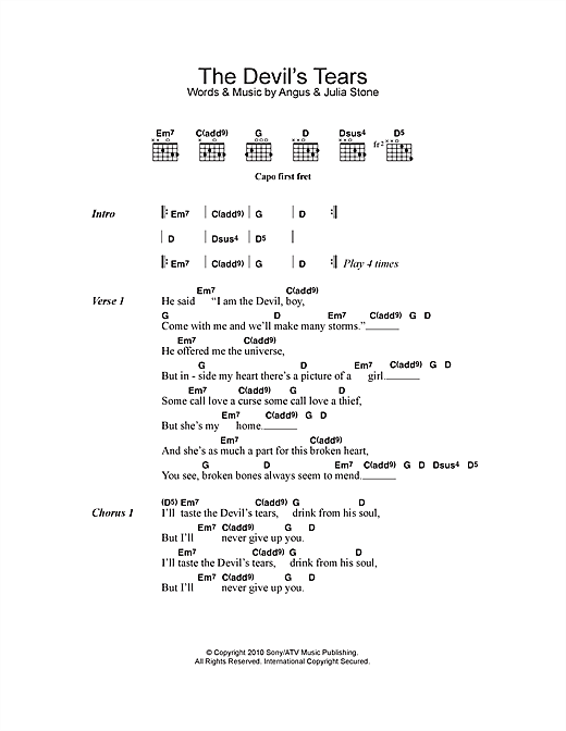 Angus & Julia Stone The Devil's Tears sheet music notes and chords arranged for Guitar Chords/Lyrics