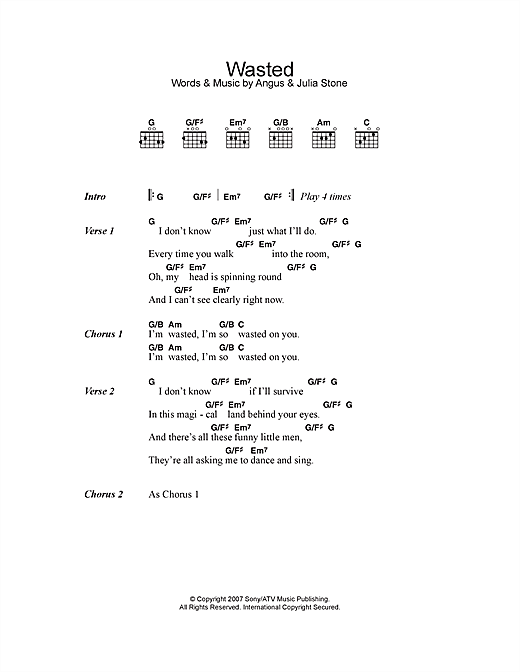 Angus & Julia Stone Wasted sheet music notes and chords arranged for Guitar Chords/Lyrics