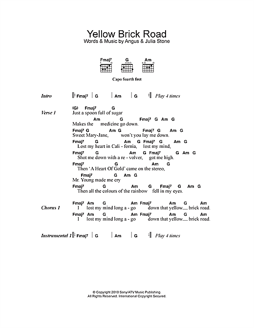 Angus & Julia Stone Yellow Brick Road sheet music notes and chords arranged for Guitar Chords/Lyrics