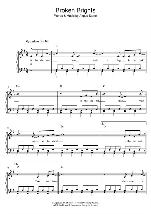 Angus Stone Broken Brights sheet music notes and chords arranged for Beginner Piano (Abridged)