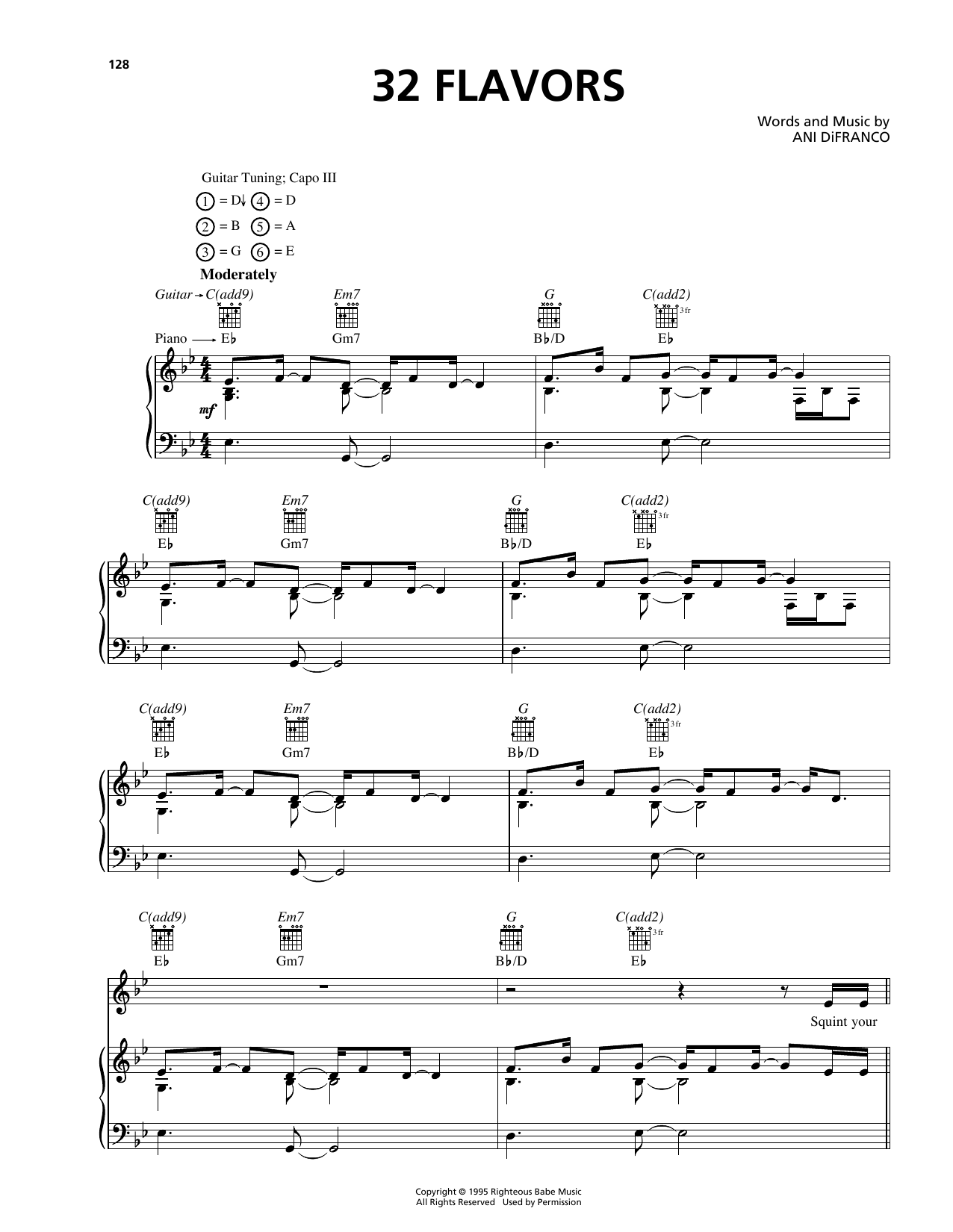 Ani DiFranco 32 Flavors sheet music notes and chords arranged for Piano, Vocal & Guitar Chords (Right-Hand Melody)