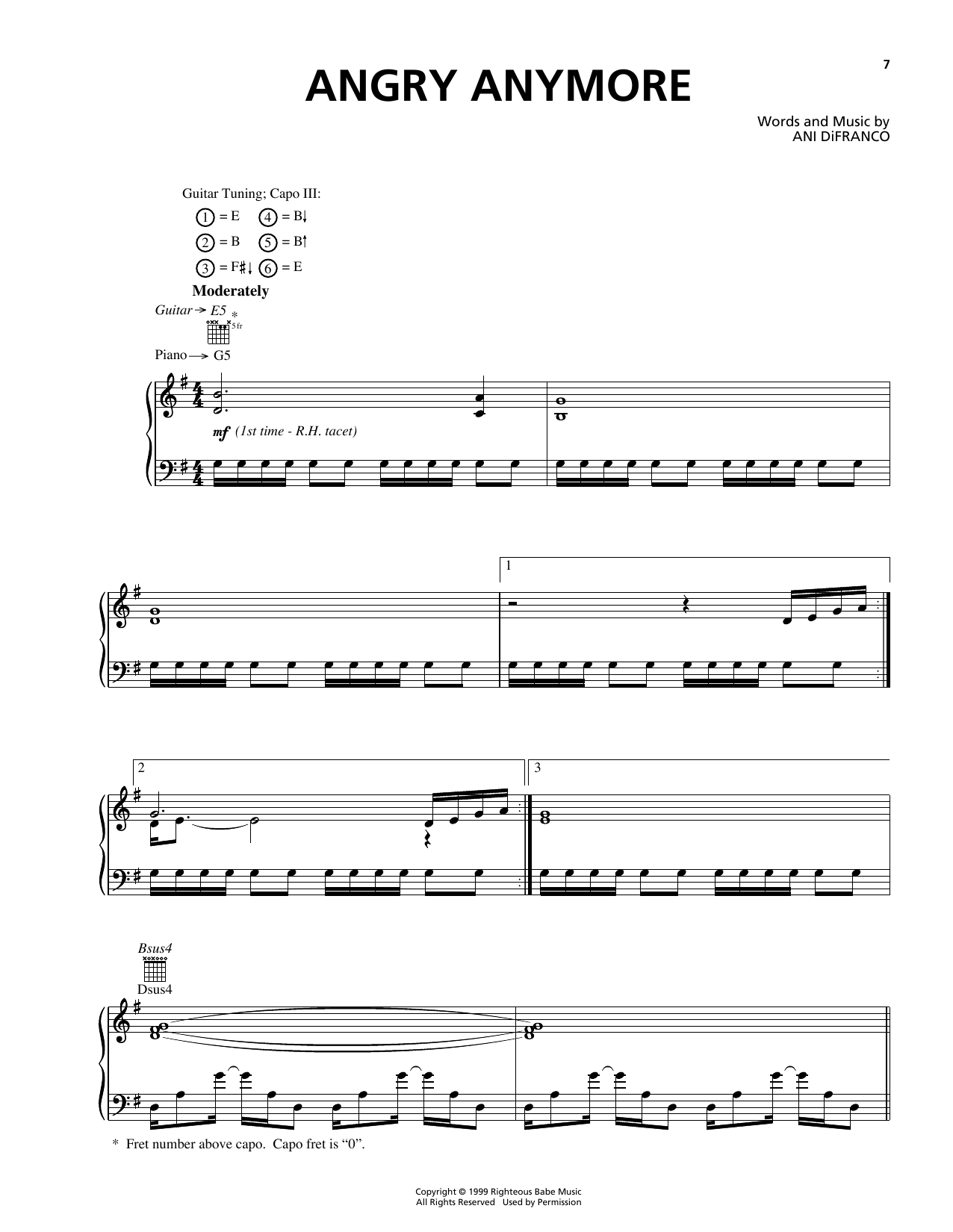 Ani DiFranco Angry Anymore sheet music notes and chords arranged for Guitar Tab
