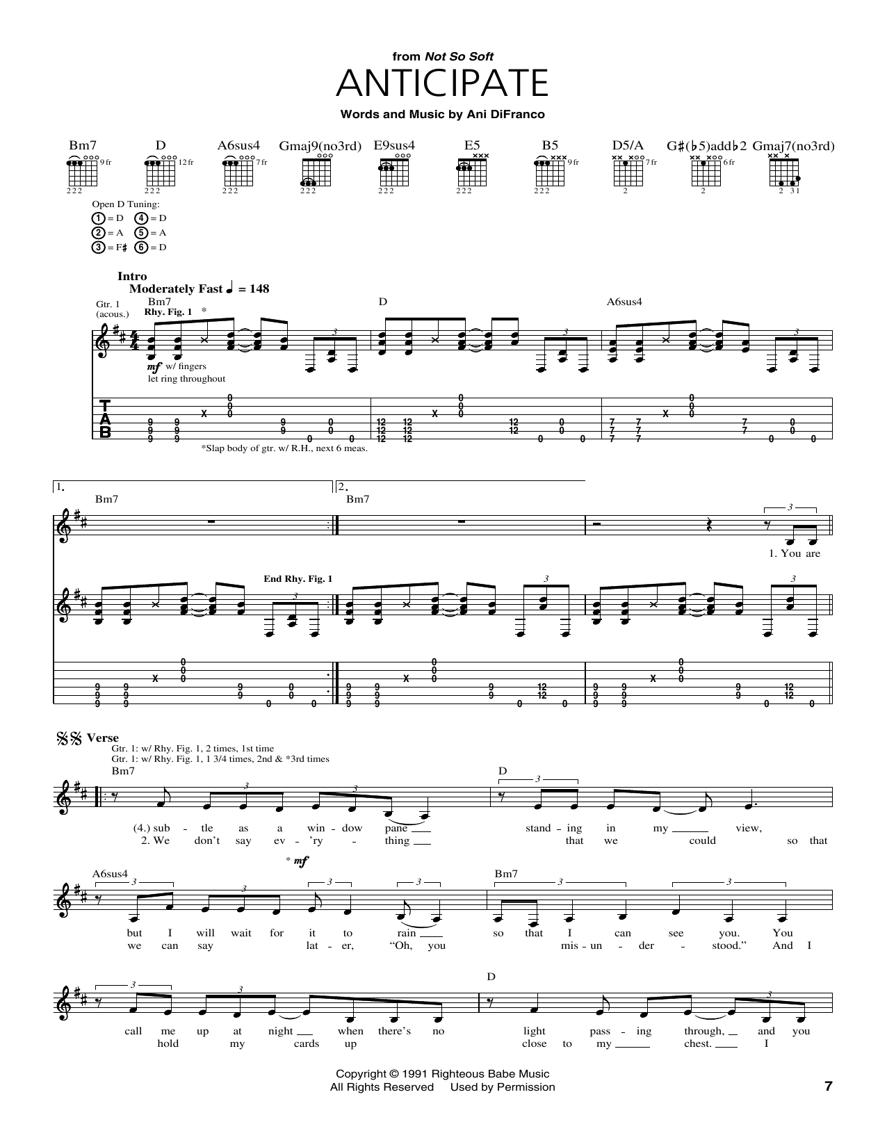 Ani DiFranco Anticipate sheet music notes and chords arranged for Guitar Tab