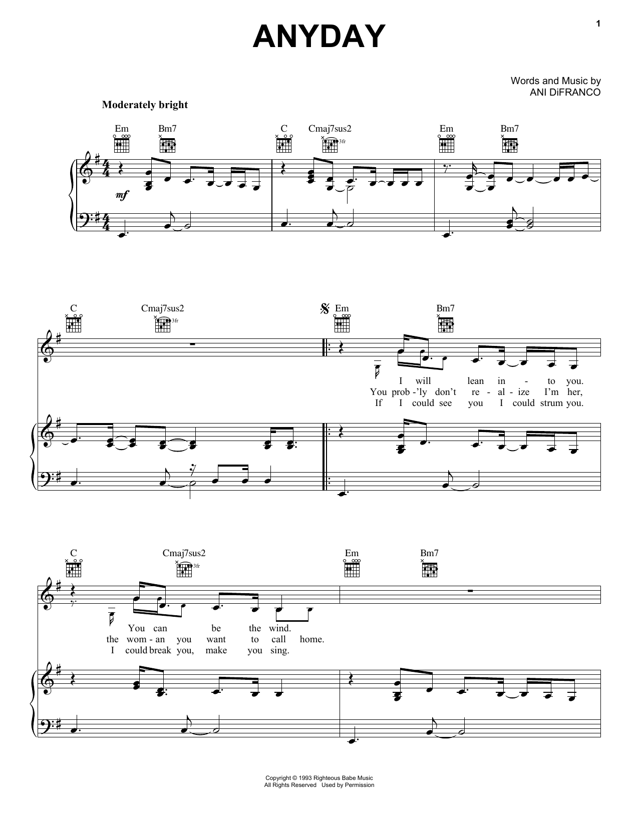 Ani DiFranco Anyday sheet music notes and chords arranged for Piano, Vocal & Guitar Chords (Right-Hand Melody)