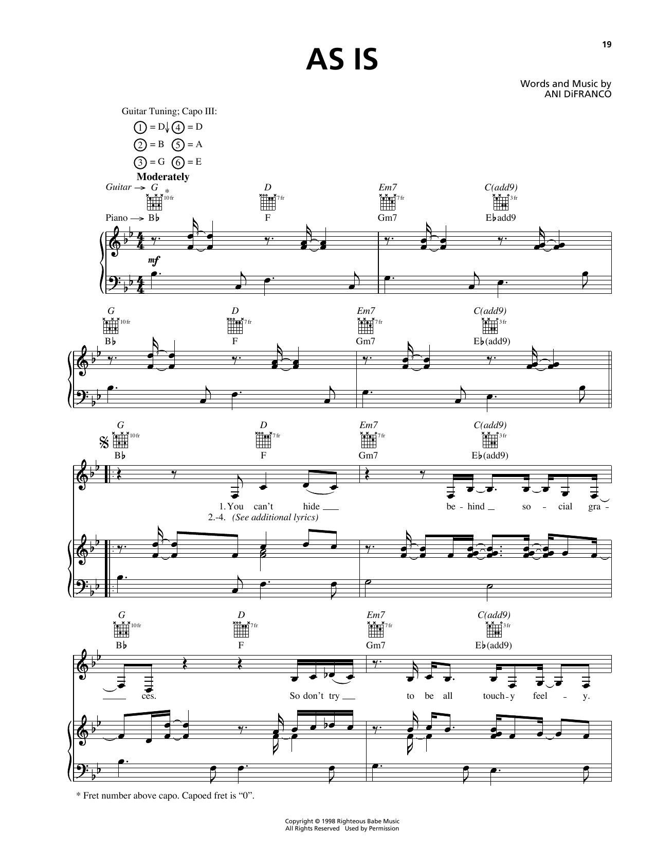 Ani DiFranco As Is sheet music notes and chords arranged for Piano, Vocal & Guitar Chords (Right-Hand Melody)