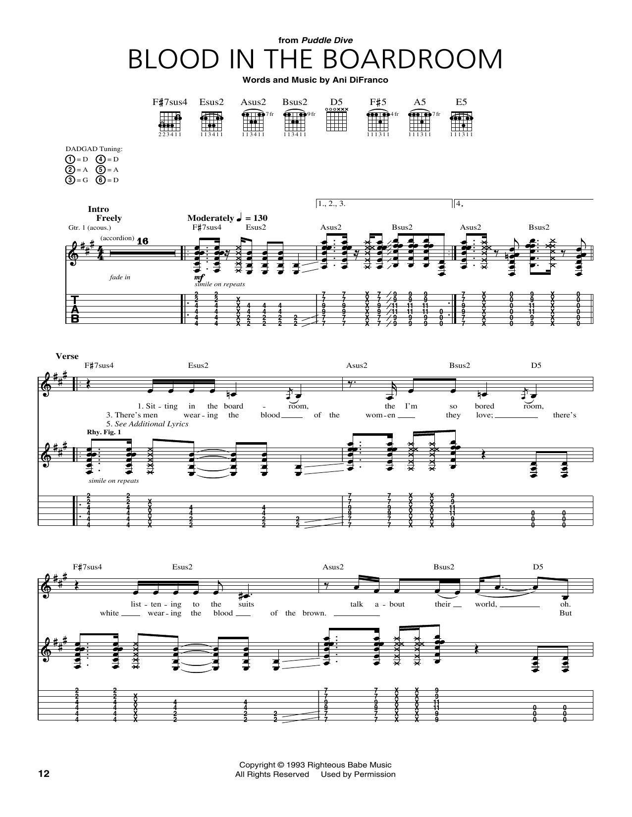 Ani DiFranco Blood In The Boardroom sheet music notes and chords arranged for Guitar Tab