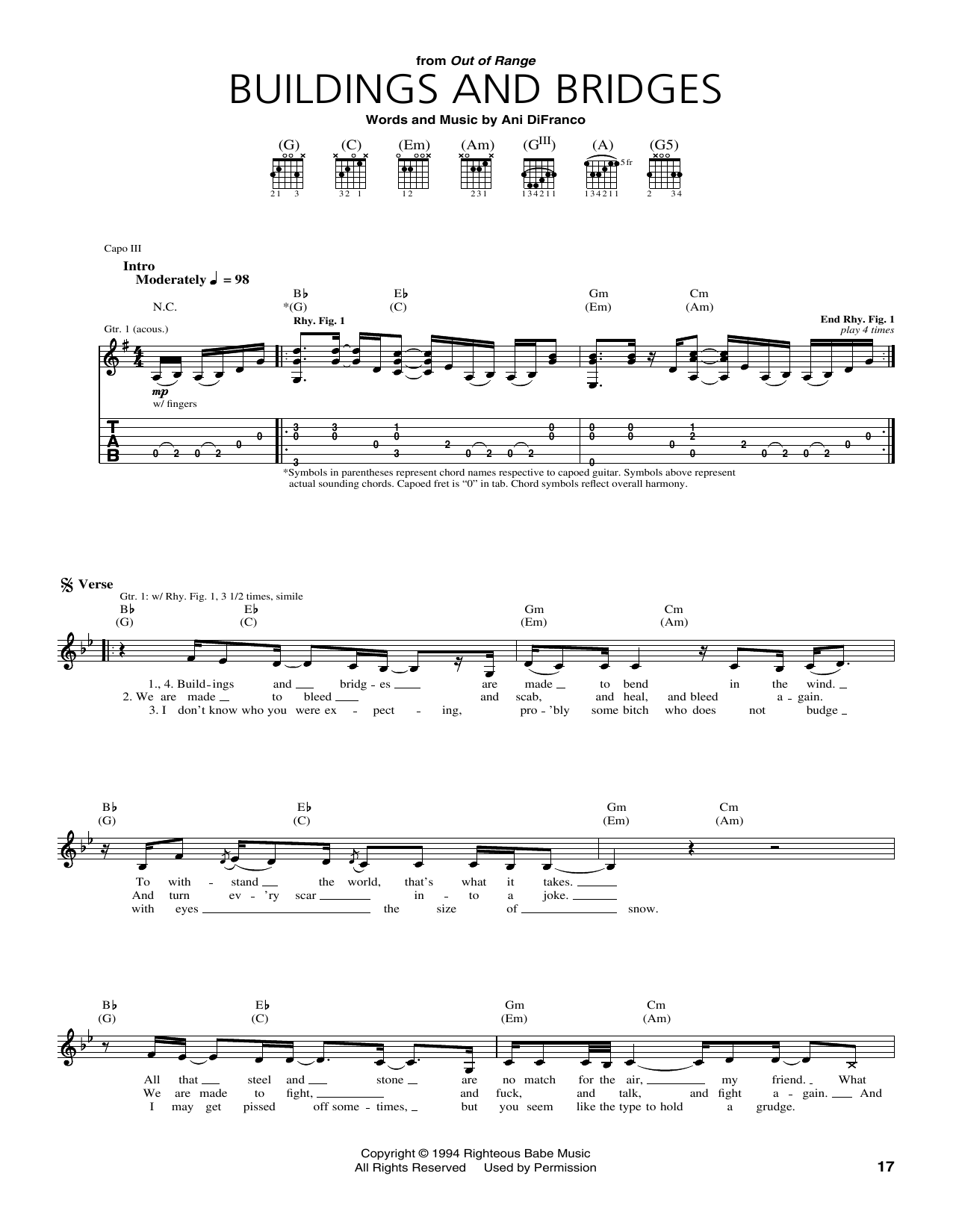 Ani DiFranco Buildings and Bridges sheet music notes and chords arranged for Guitar Tab