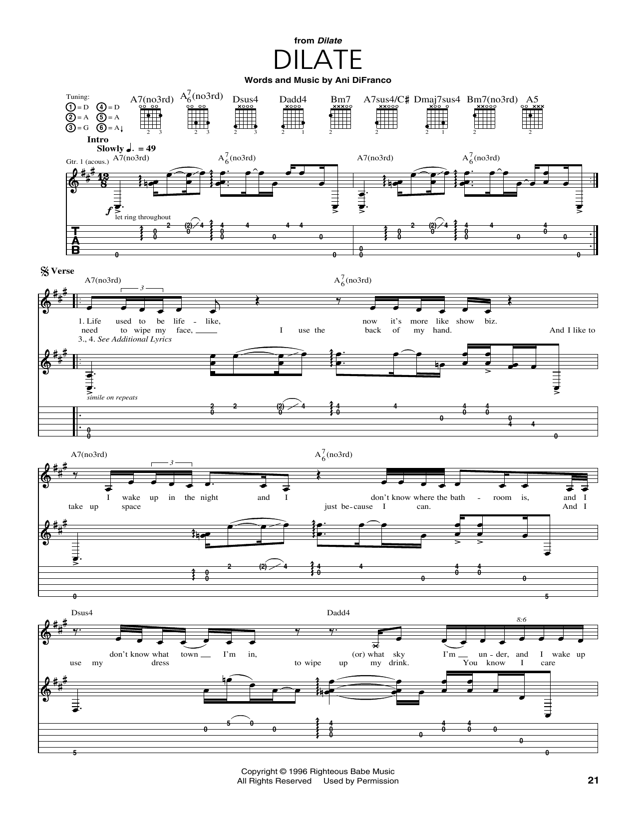Ani DiFranco Dilate sheet music notes and chords arranged for Guitar Tab
