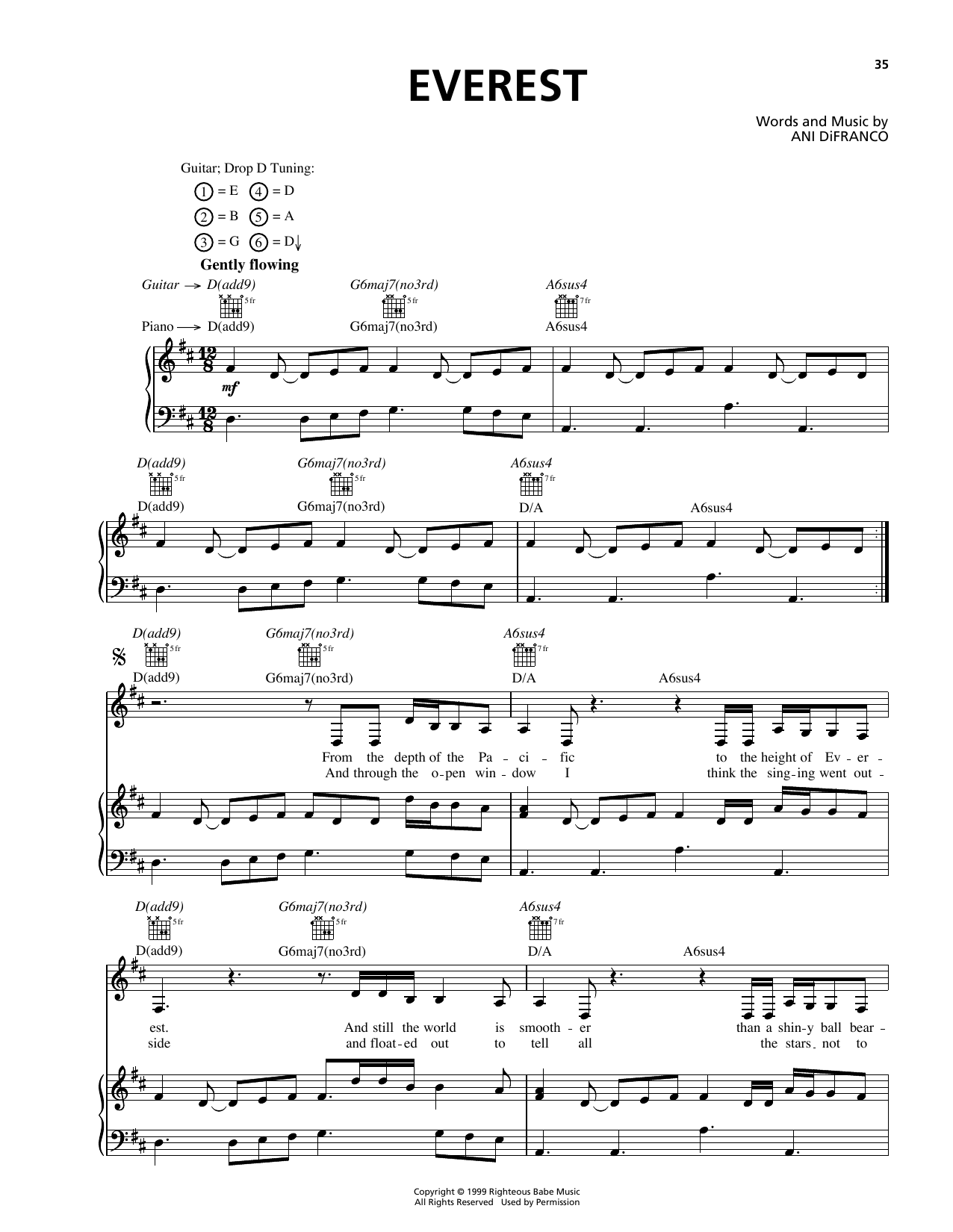 Ani DiFranco Everest sheet music notes and chords arranged for Piano, Vocal & Guitar Chords (Right-Hand Melody)