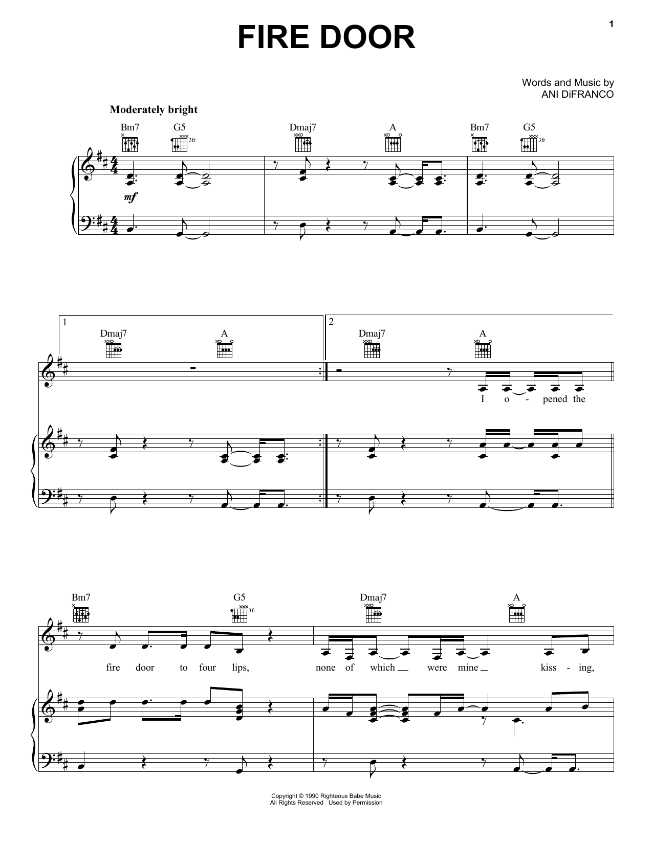 Ani DiFranco Fire Door sheet music notes and chords arranged for Piano, Vocal & Guitar Chords (Right-Hand Melody)