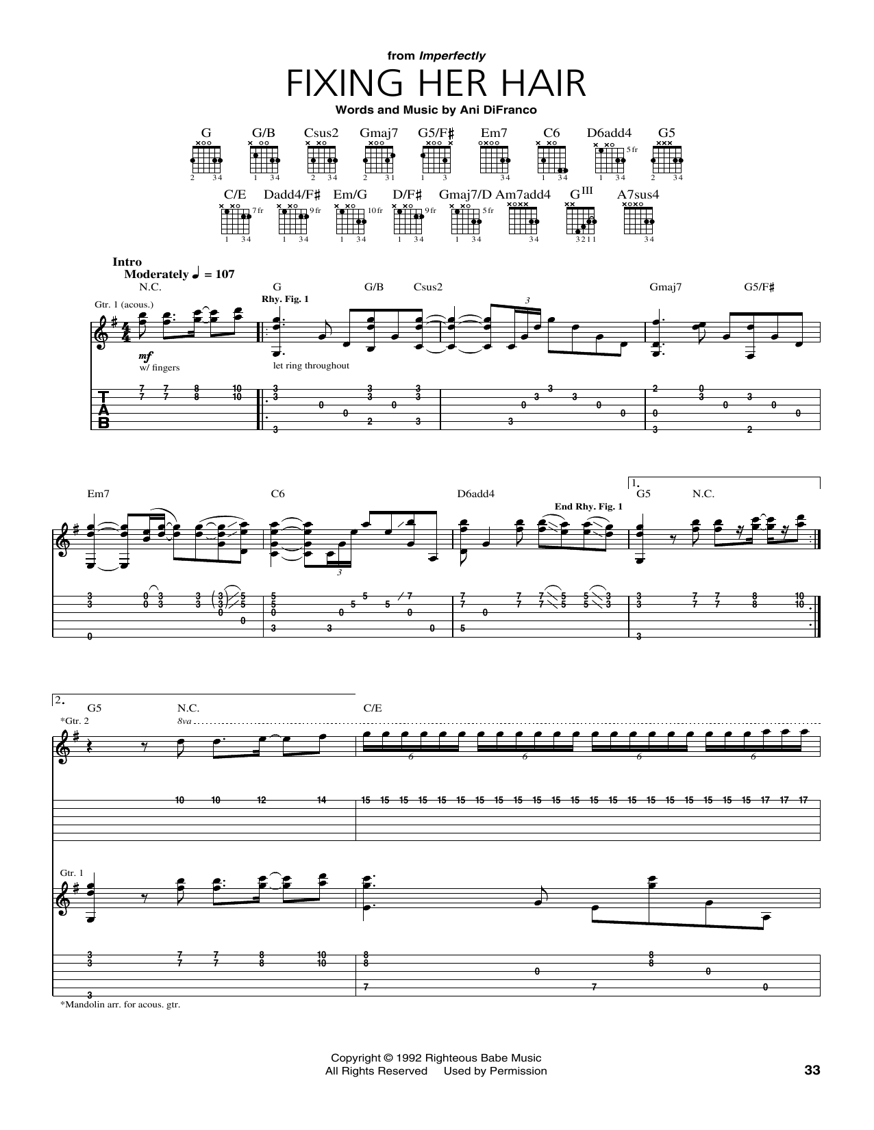 Ani DiFranco Fixing Her Hair sheet music notes and chords arranged for Guitar Tab