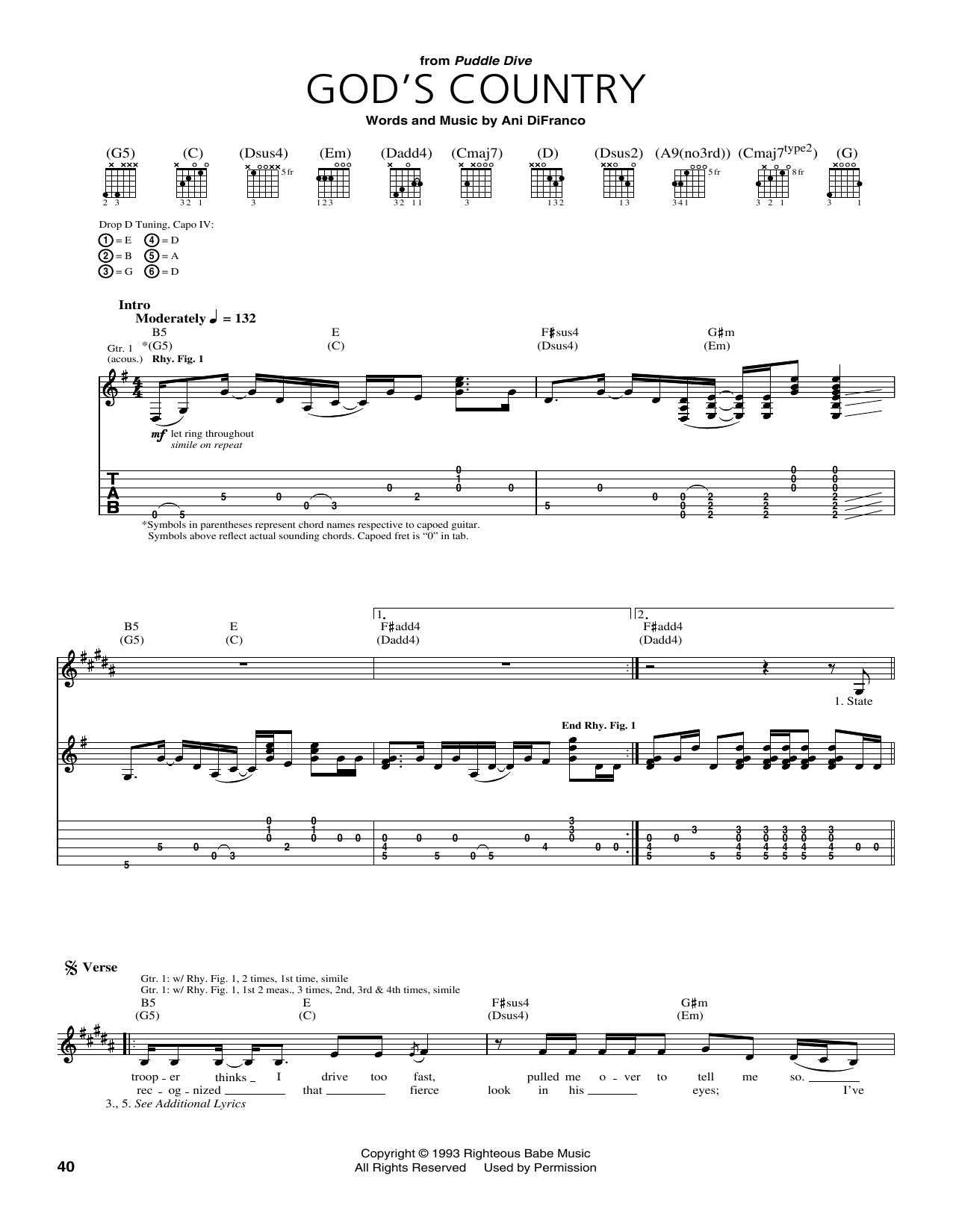 Ani DiFranco God's Country sheet music notes and chords arranged for Guitar Tab