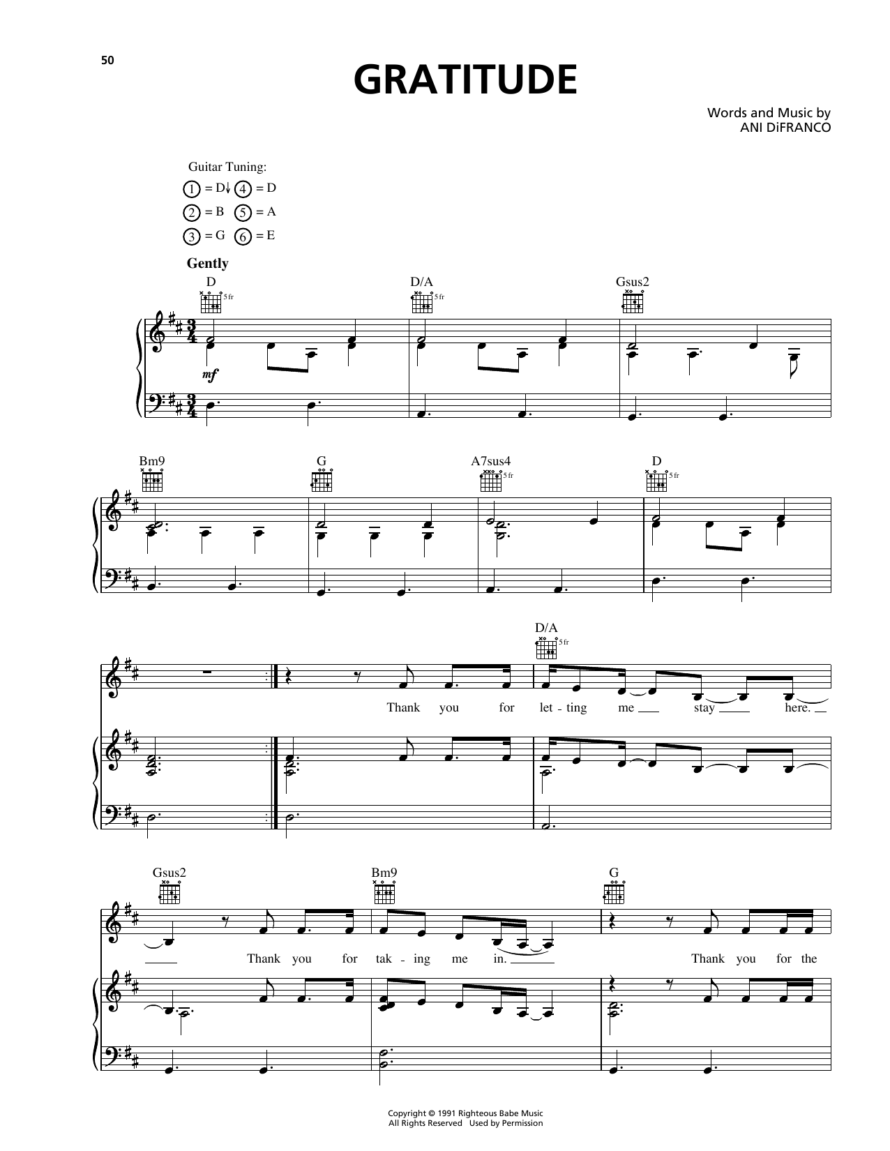 Ani DiFranco Gratitude sheet music notes and chords arranged for Piano, Vocal & Guitar Chords (Right-Hand Melody)