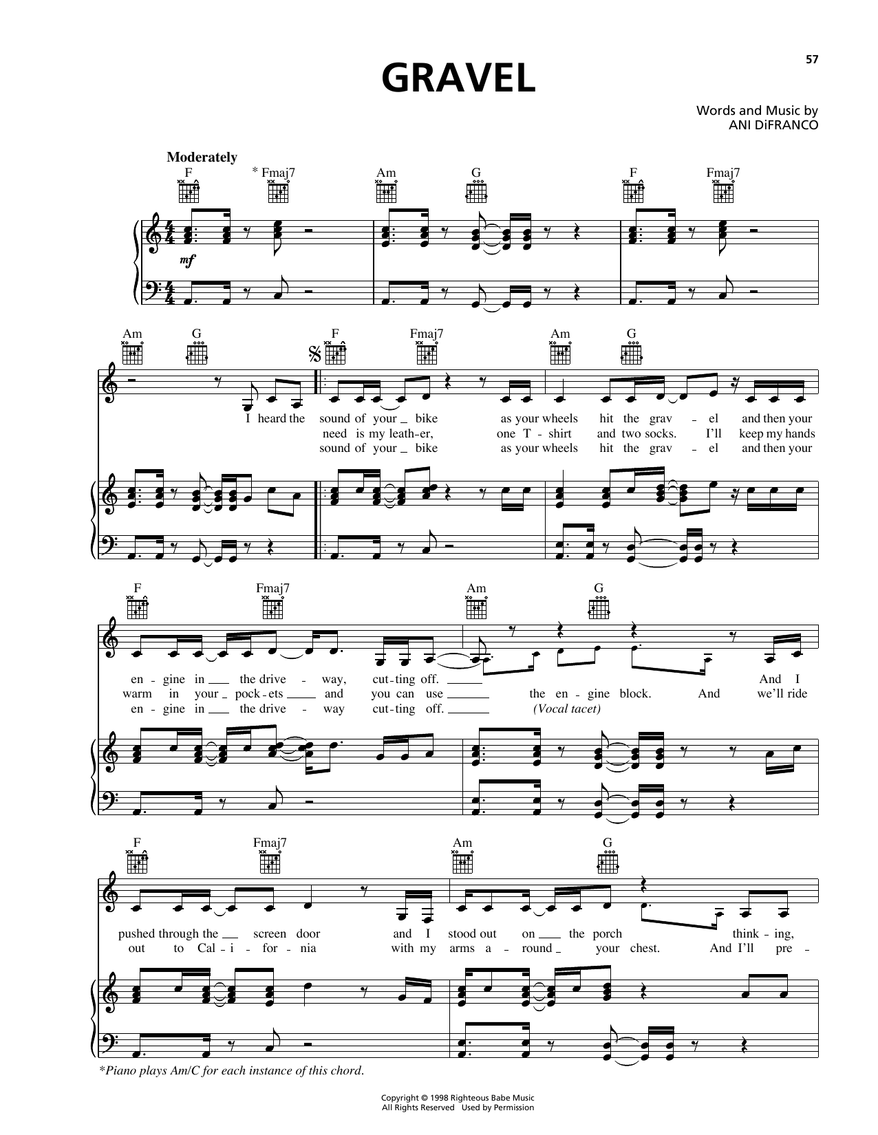 Ani DiFranco Gravel sheet music notes and chords arranged for Piano, Vocal & Guitar Chords (Right-Hand Melody)