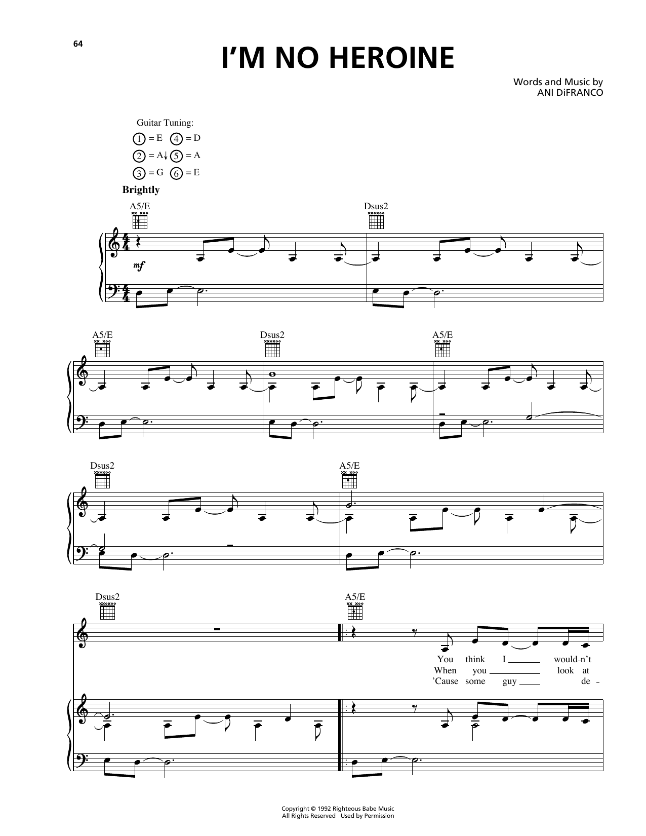 Ani DiFranco I'm No Heroine sheet music notes and chords arranged for Piano, Vocal & Guitar Chords (Right-Hand Melody)