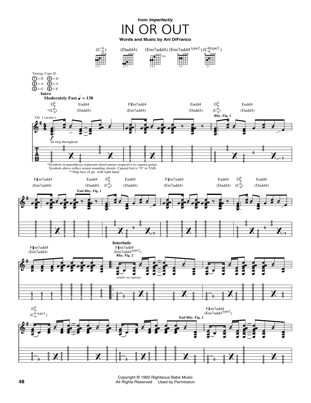 Ani DiFranco In Or Out sheet music notes and chords arranged for Guitar Tab