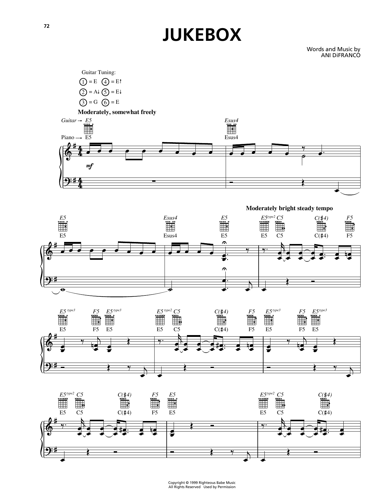 Ani DiFranco Jukebox sheet music notes and chords arranged for Piano, Vocal & Guitar Chords (Right-Hand Melody)