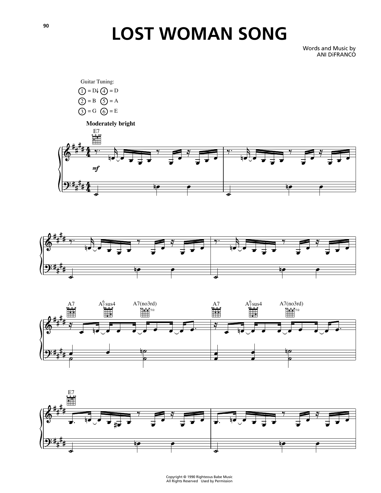 Ani DiFranco Lost Woman Song sheet music notes and chords arranged for Piano, Vocal & Guitar Chords (Right-Hand Melody)