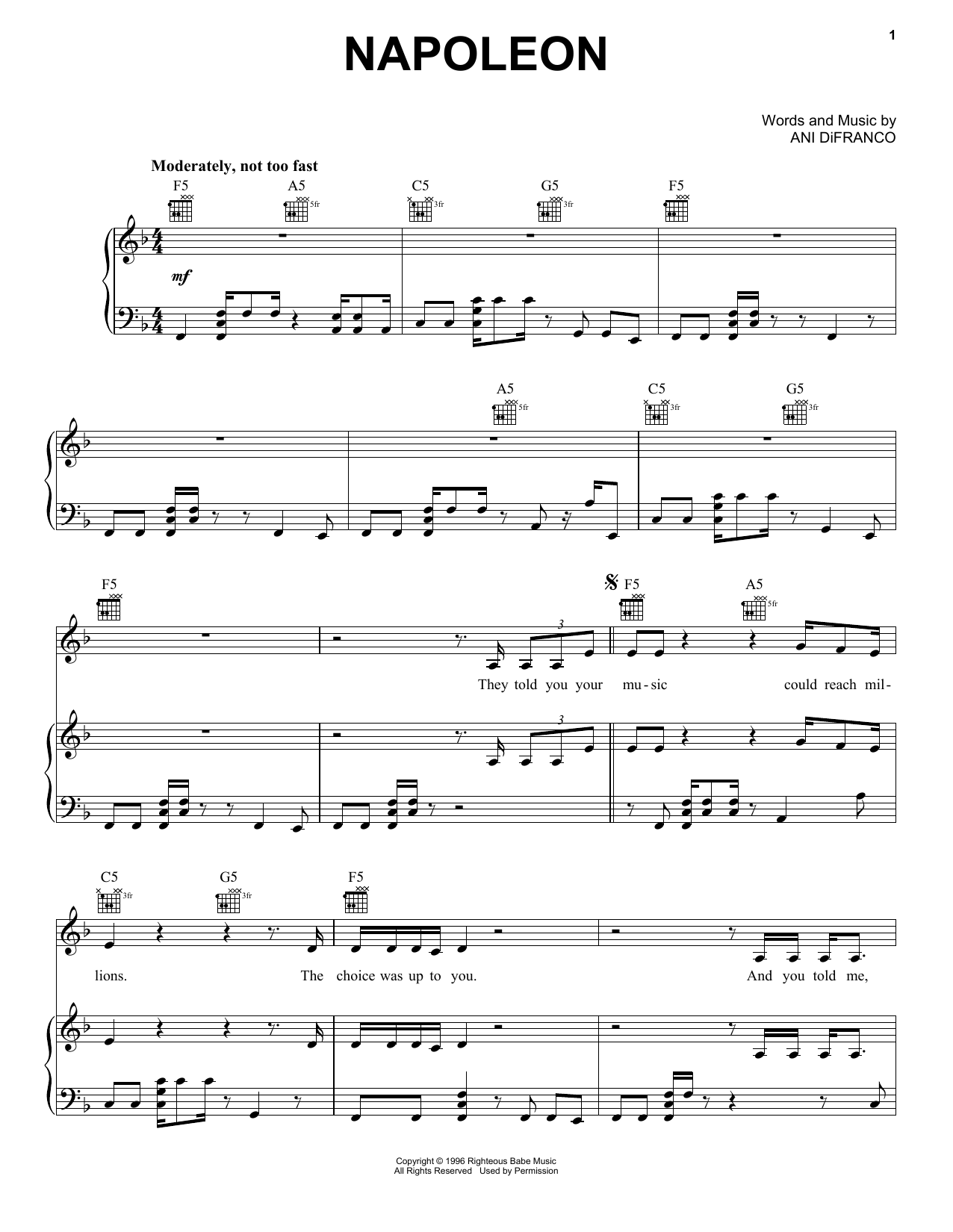 Ani DiFranco Napoleon sheet music notes and chords arranged for Piano, Vocal & Guitar Chords (Right-Hand Melody)