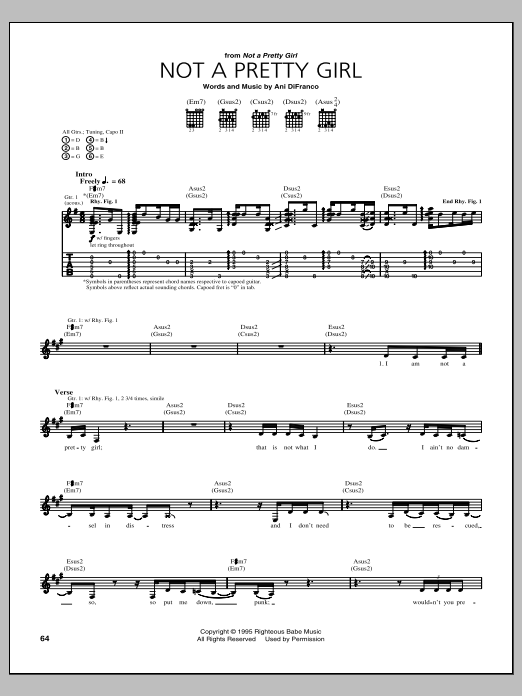 Ani DiFranco Not A Pretty Girl sheet music notes and chords arranged for Guitar Tab