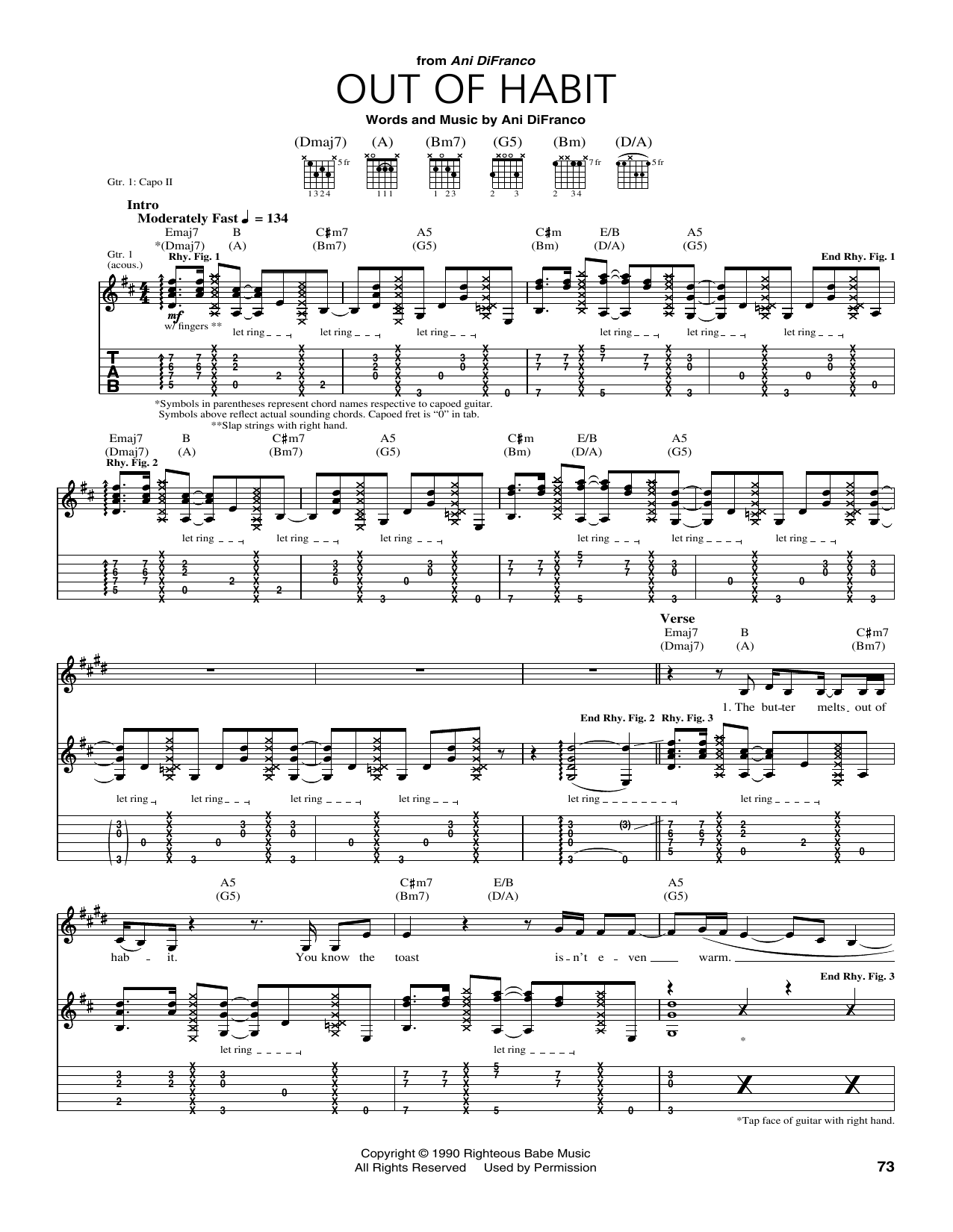 Ani DiFranco Out Of Habit sheet music notes and chords arranged for Guitar Tab