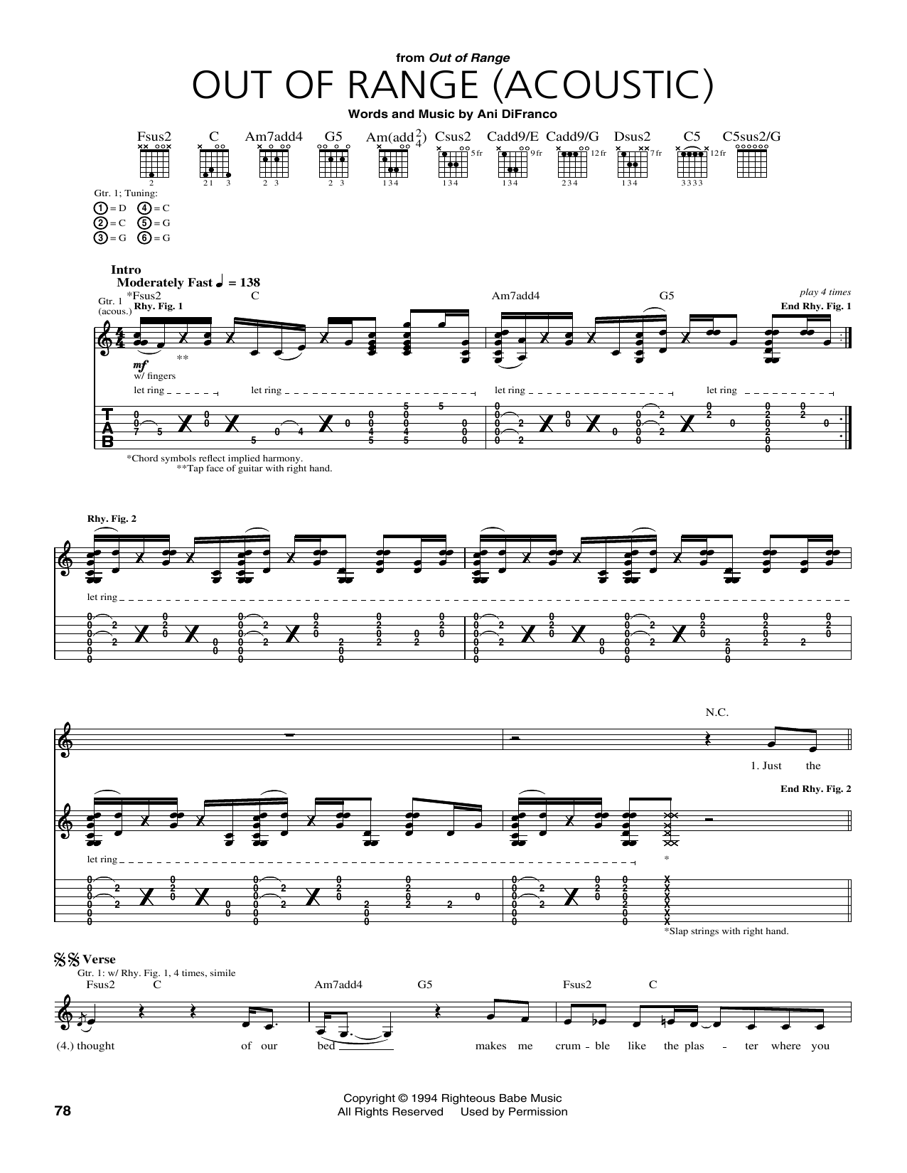Ani DiFranco Out Of Range sheet music notes and chords arranged for Guitar Tab