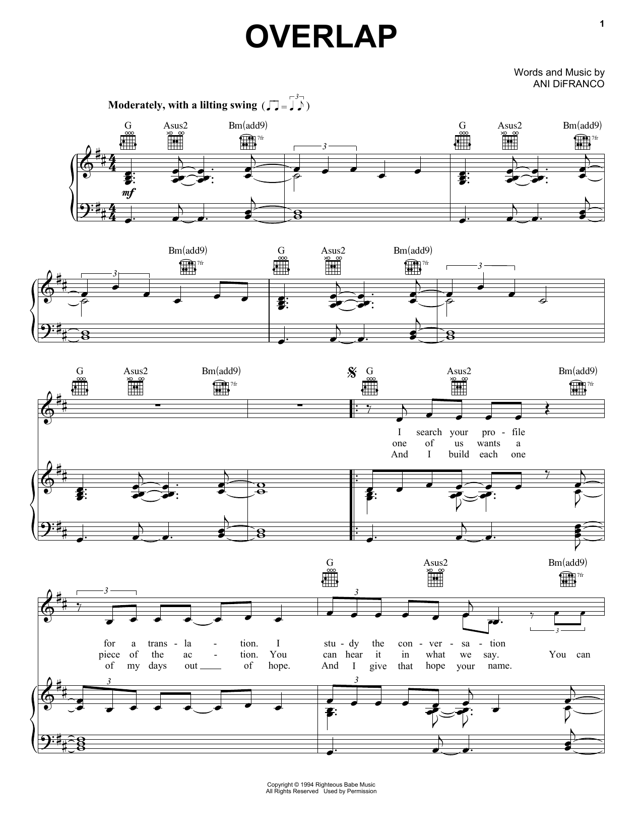 Ani DiFranco Overlap sheet music notes and chords arranged for Piano, Vocal & Guitar Chords (Right-Hand Melody)