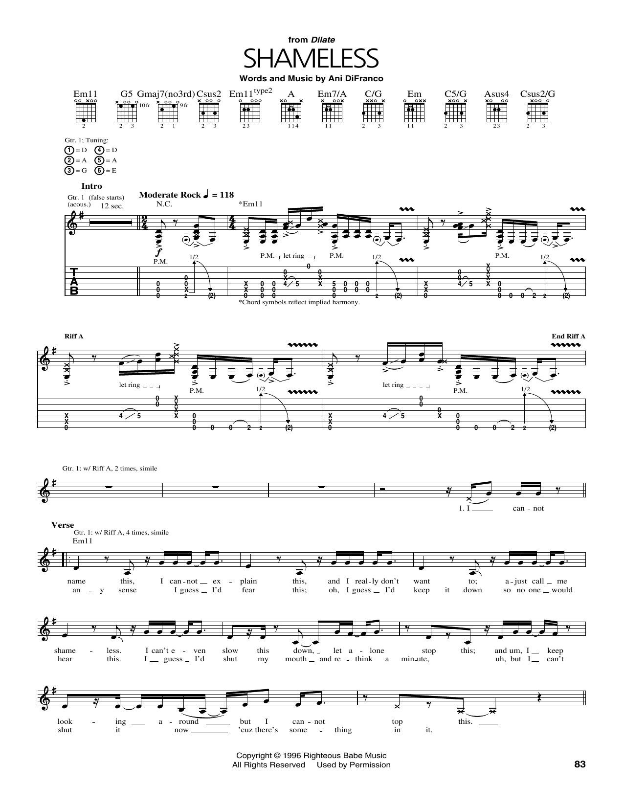 Ani DiFranco Shameless sheet music notes and chords arranged for Guitar Tab