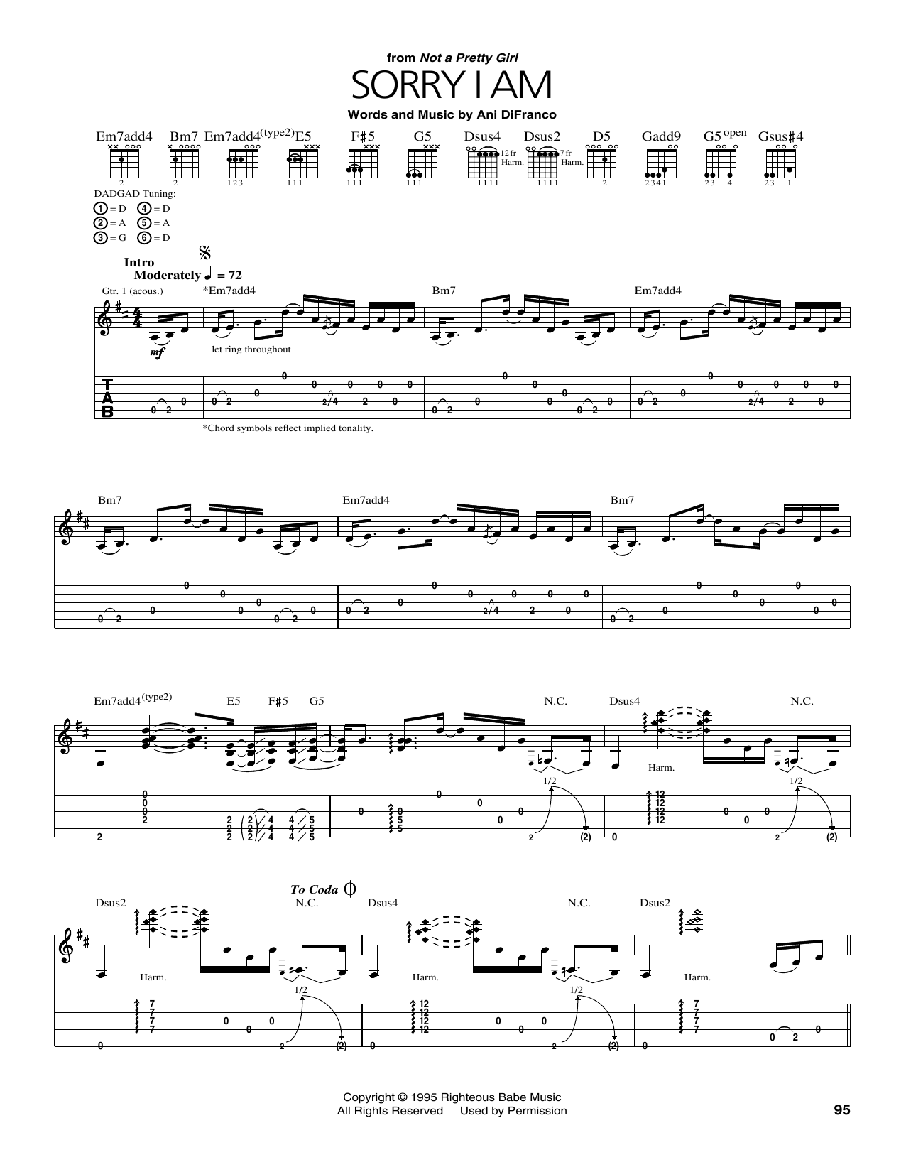 Ani DiFranco Sorry I Am sheet music notes and chords arranged for Guitar Tab