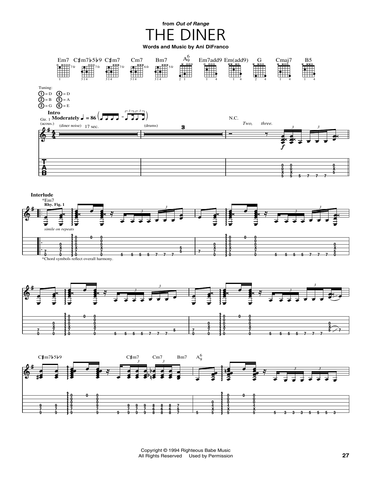Ani DiFranco The Diner sheet music notes and chords arranged for Guitar Tab