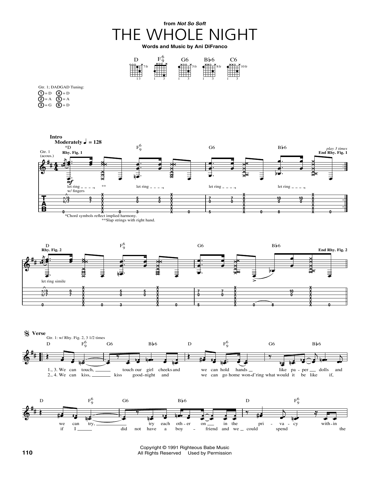 Ani DiFranco The Whole Night sheet music notes and chords arranged for Guitar Tab