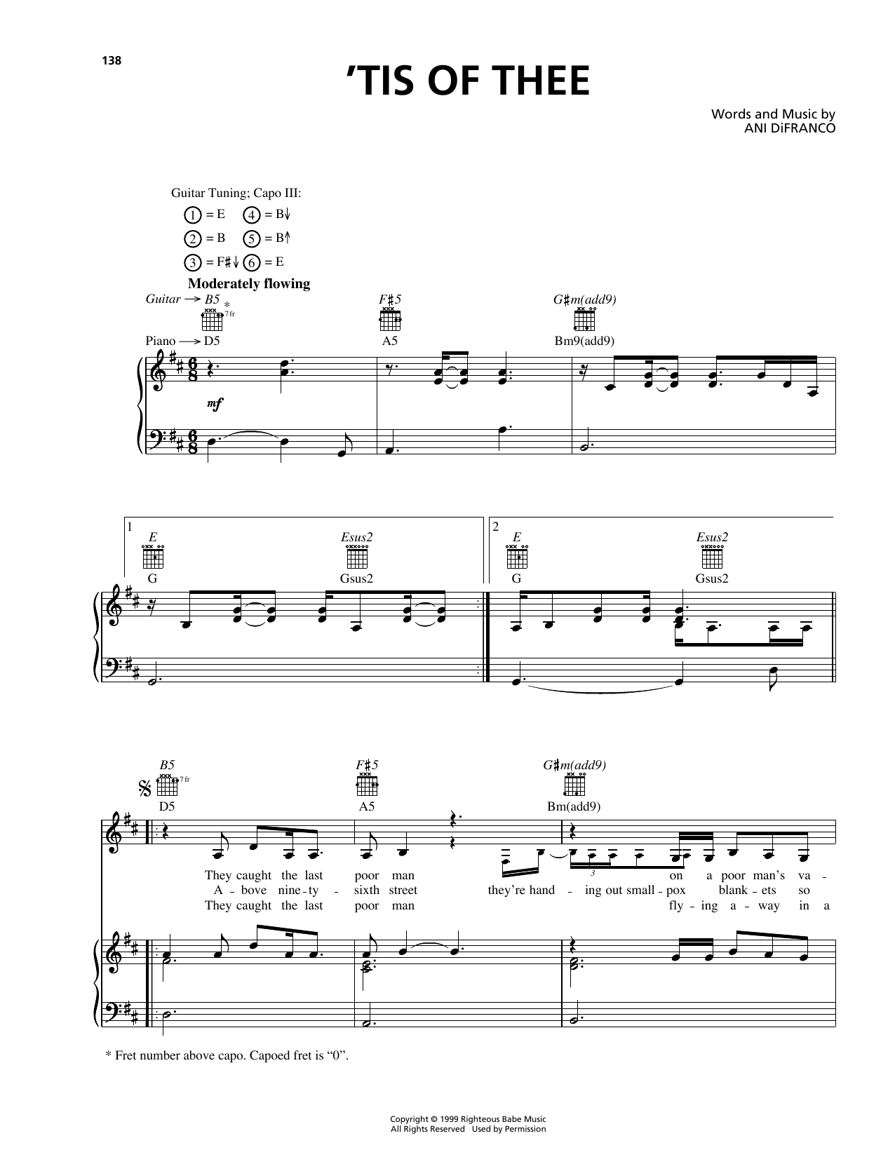 Ani DiFranco 'Tis Of Thee sheet music notes and chords arranged for Piano, Vocal & Guitar Chords (Right-Hand Melody)