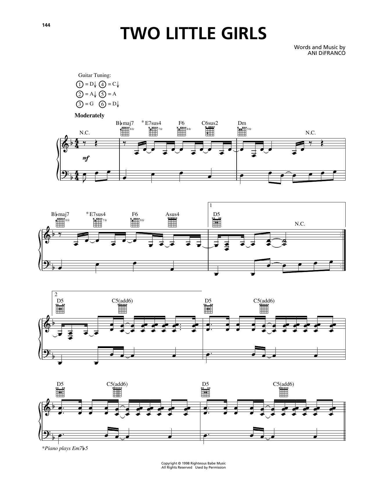 Ani DiFranco Two Little Girls sheet music notes and chords arranged for Piano, Vocal & Guitar Chords (Right-Hand Melody)