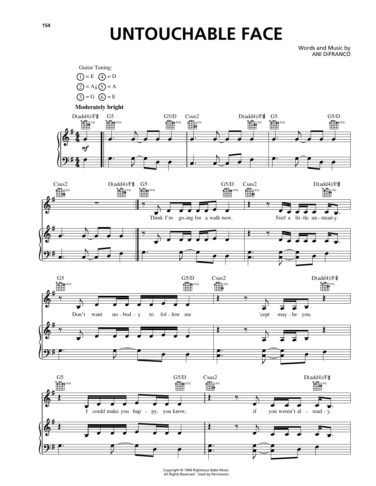 Ani DiFranco Untouchable Face sheet music notes and chords arranged for Piano, Vocal & Guitar Chords (Right-Hand Melody)