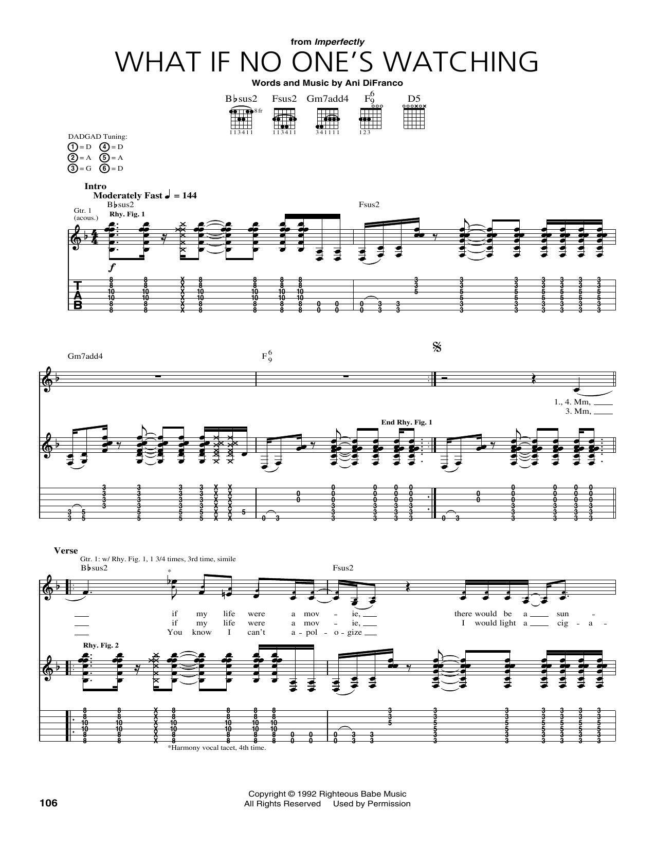 Ani DiFranco What If No One's Watching sheet music notes and chords arranged for Guitar Tab