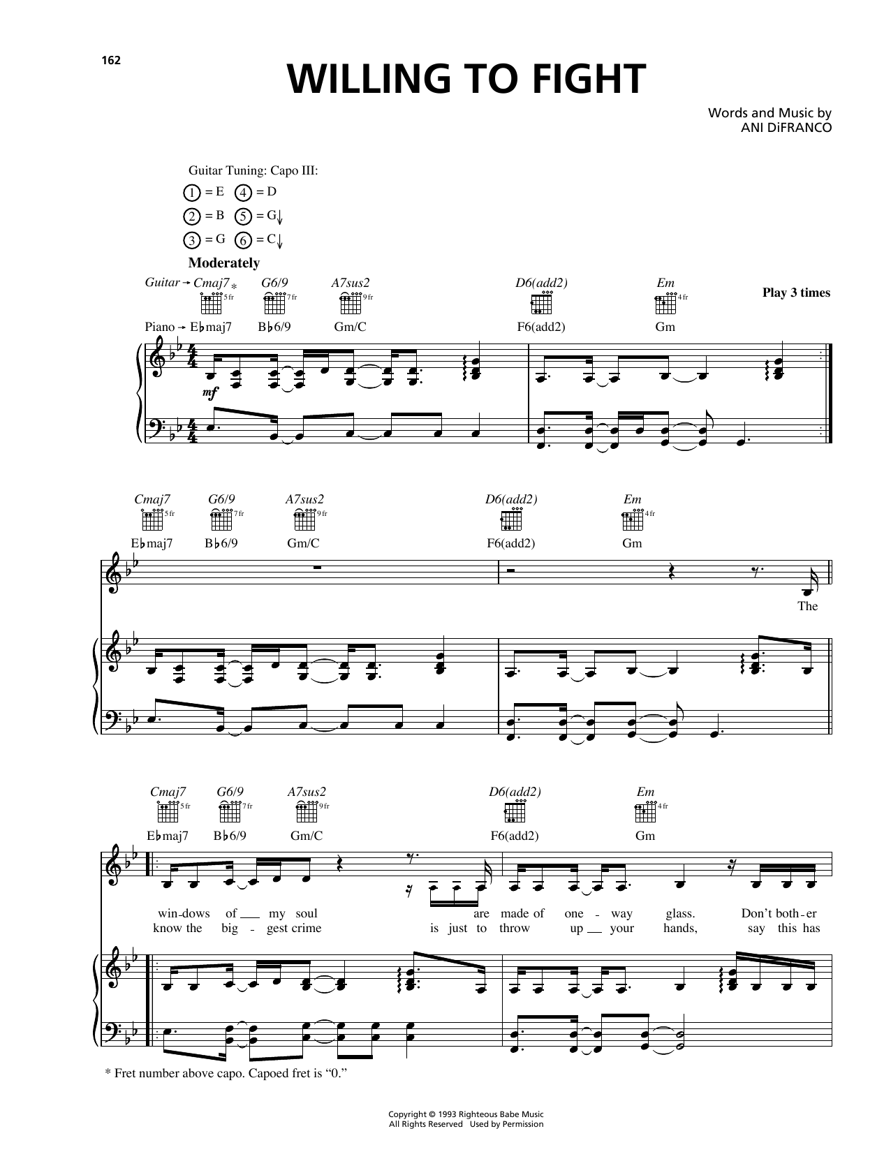 Ani DiFranco Willing To Fight sheet music notes and chords arranged for Piano, Vocal & Guitar Chords (Right-Hand Melody)