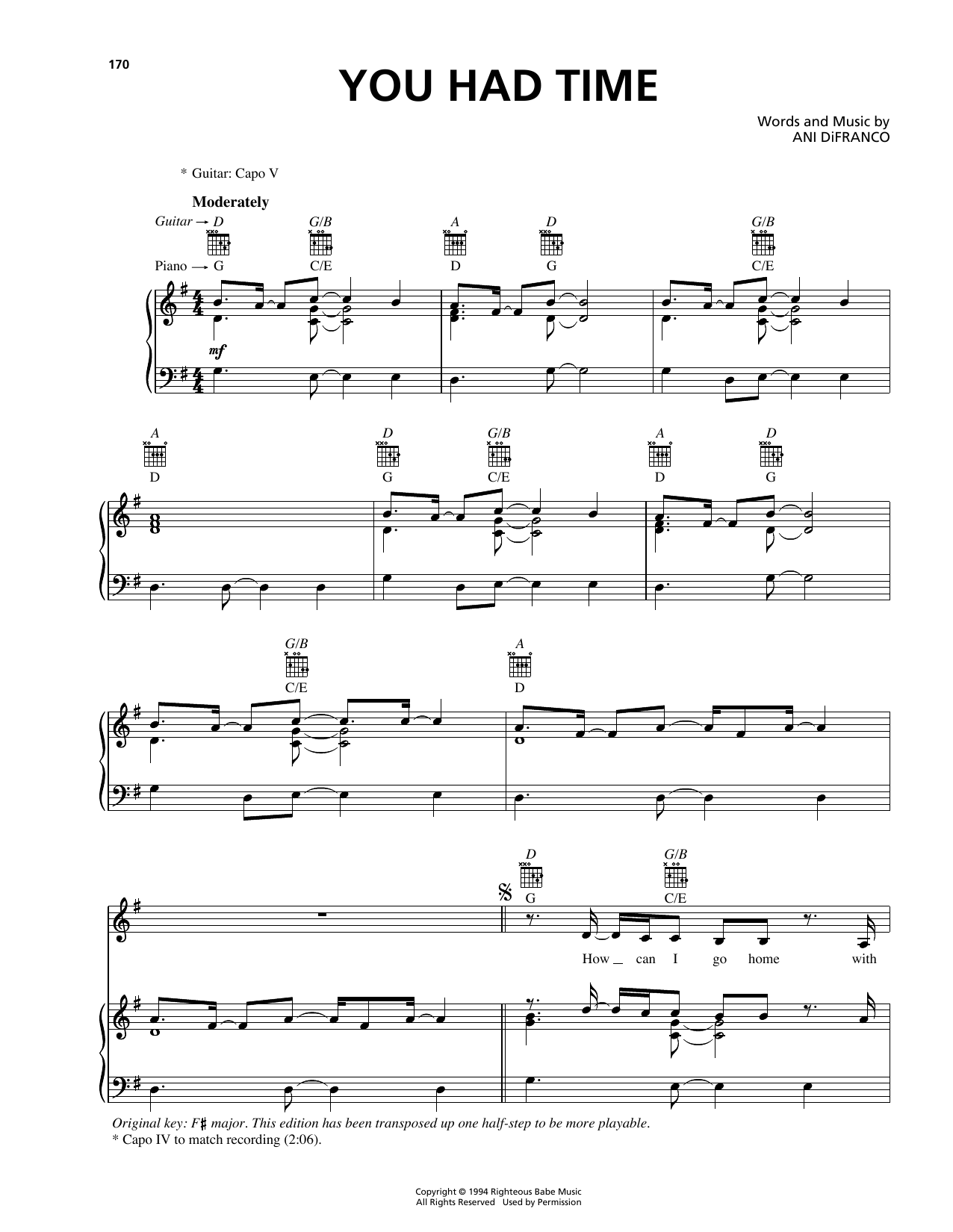 Ani DiFranco You Had Time sheet music notes and chords arranged for Piano, Vocal & Guitar Chords (Right-Hand Melody)