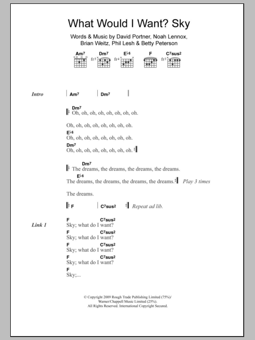 Animal Collective What Would I Want? Sky sheet music notes and chords arranged for Guitar Chords/Lyrics