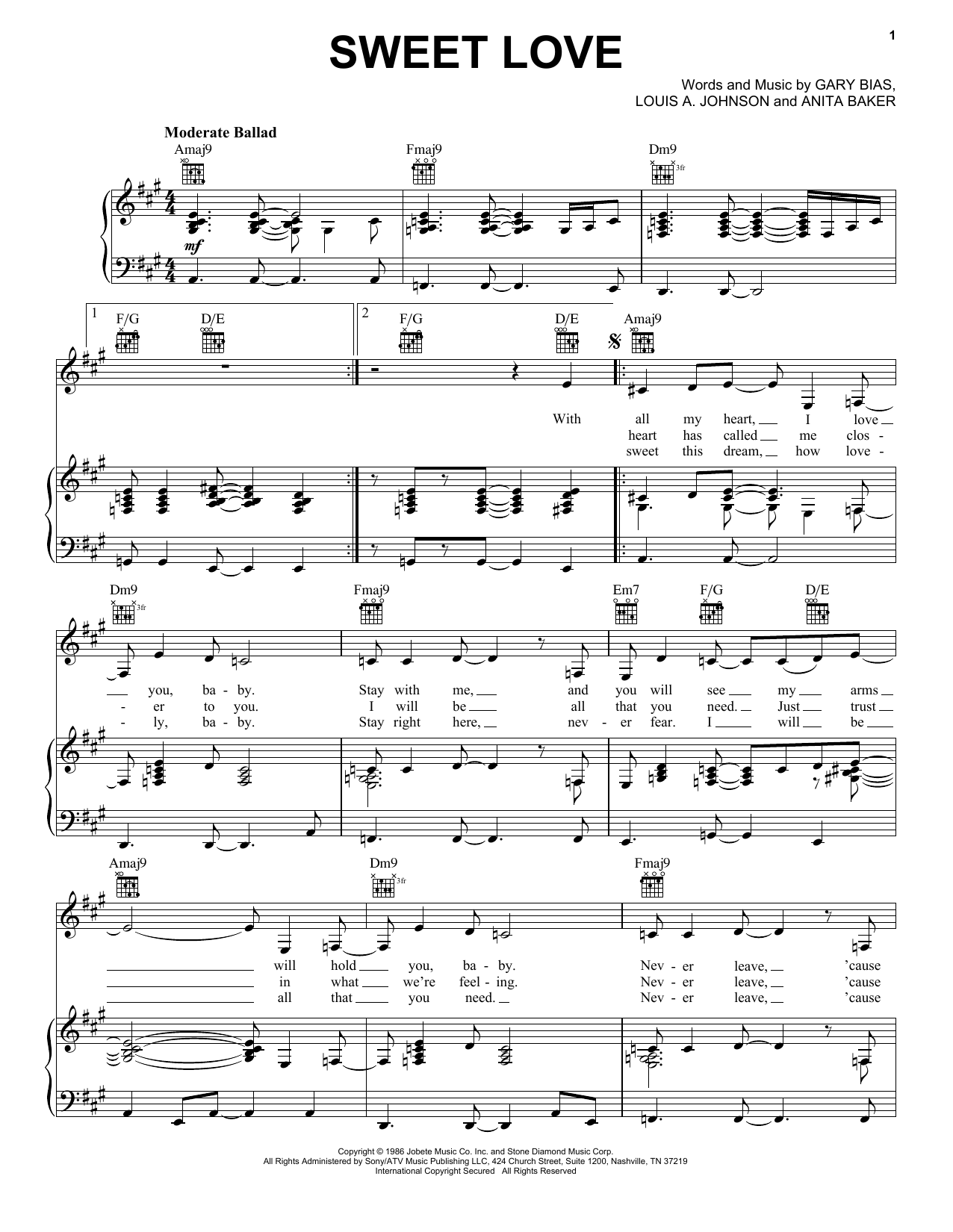 Anita Baker Sweet Love sheet music notes and chords arranged for Real Book – Melody & Chords