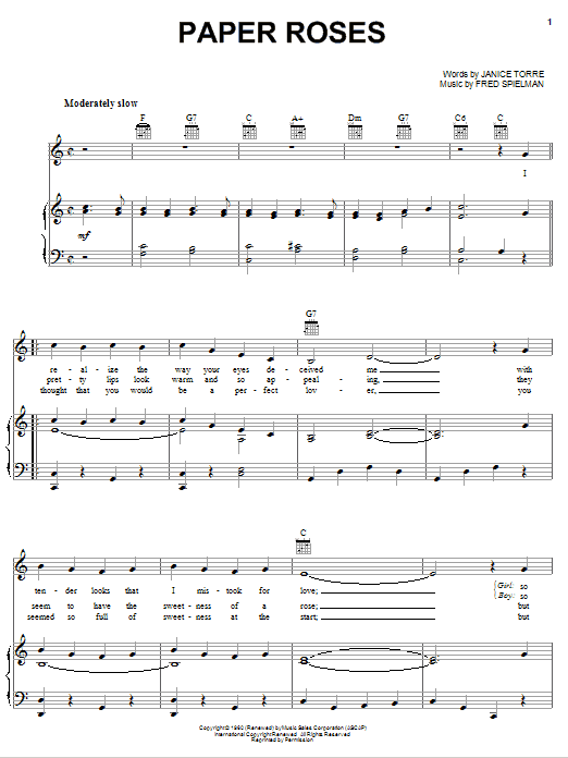 Anita Bryant Paper Roses sheet music notes and chords arranged for Real Book – Melody, Lyrics & Chords