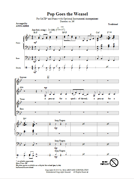 Anita Kerr Pop Goes The Weasel sheet music notes and chords arranged for SATB Choir