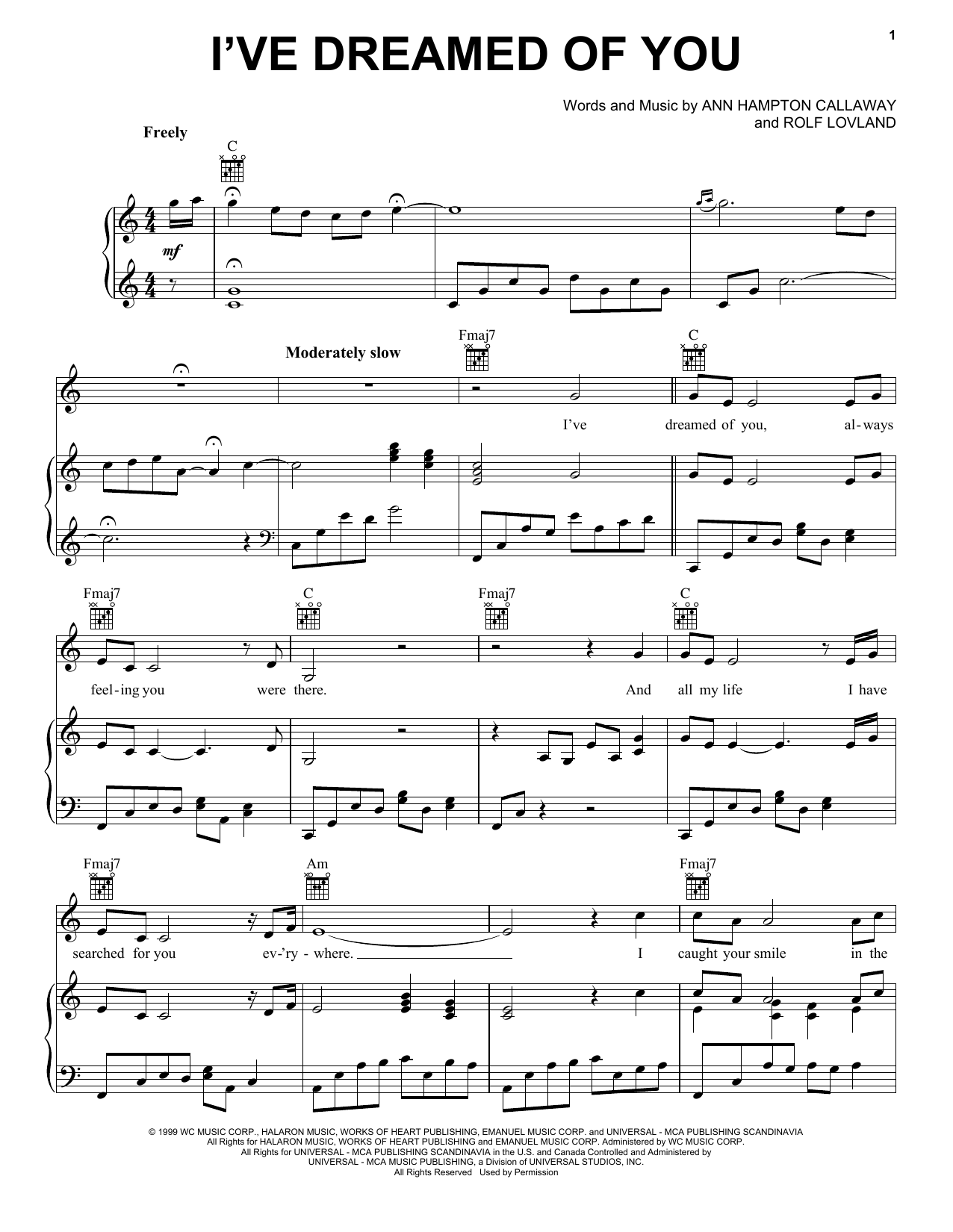Ann Hampton Callaway I've Dreamed Of You sheet music notes and chords arranged for Piano, Vocal & Guitar Chords (Right-Hand Melody)