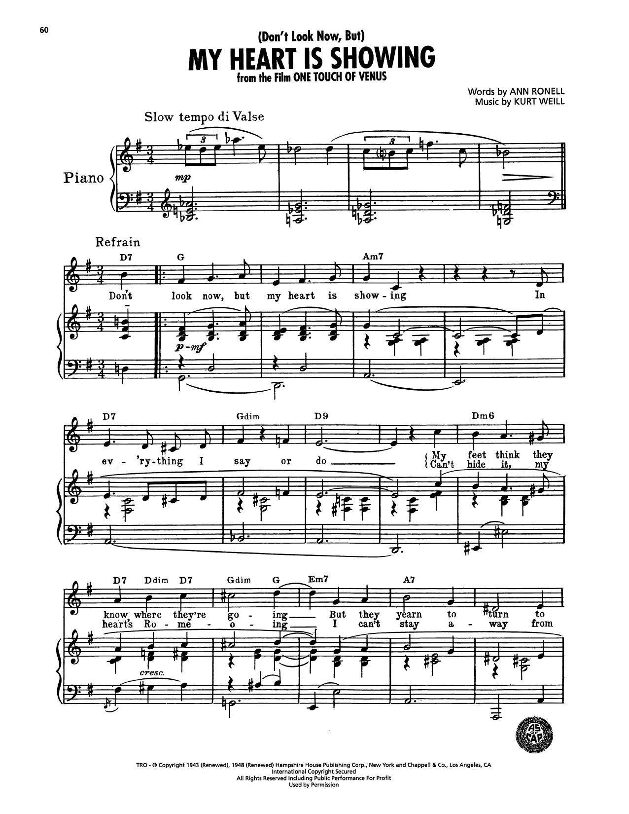 Ann Ronell (Don't Look Now, But) My Heart Is Showing (from One Touch Of Venus) sheet music notes and chords arranged for Piano, Vocal & Guitar Chords (Right-Hand Melody)