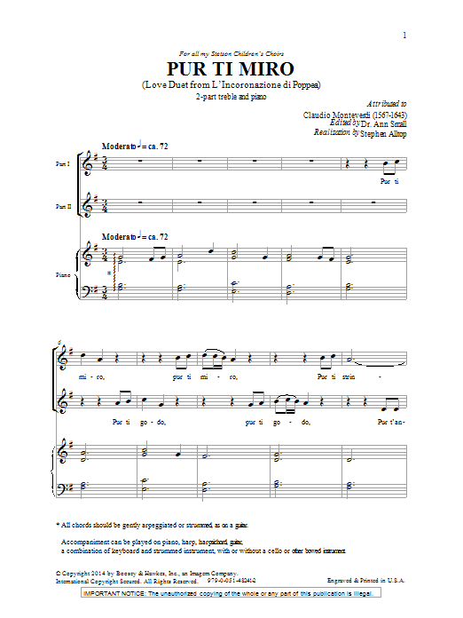 Ann Small Pur Ti Miro sheet music notes and chords arranged for 2-Part Choir