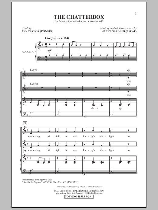 Ann Taylor The Chatterbox sheet music notes and chords arranged for 2-Part Choir