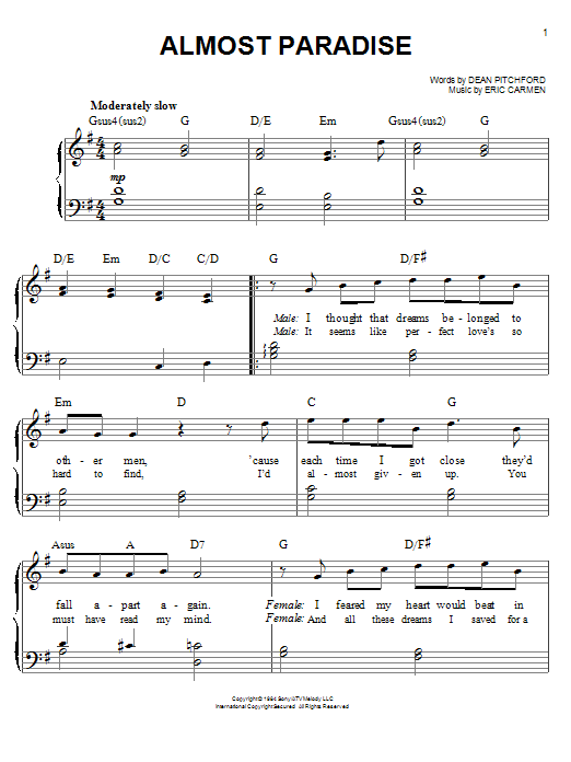 Ann Wilson & Mike Reno Almost Paradise (from Footloose) sheet music notes and chords arranged for Beginner Piano