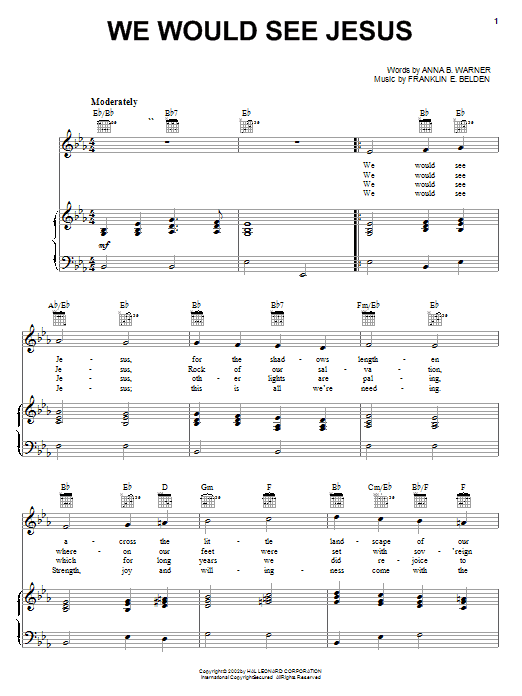 Anna B. Warner We Would See Jesus sheet music notes and chords arranged for Easy Piano