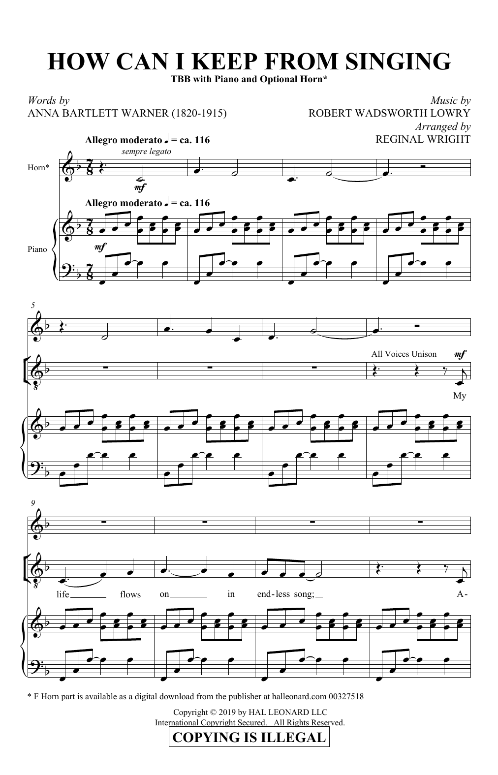Anna Bartlett Warner and Robert Wadsworth Lowry How Can I Keep From Singing (arr. Reginal Wright) sheet music notes and chords arranged for TBB Choir