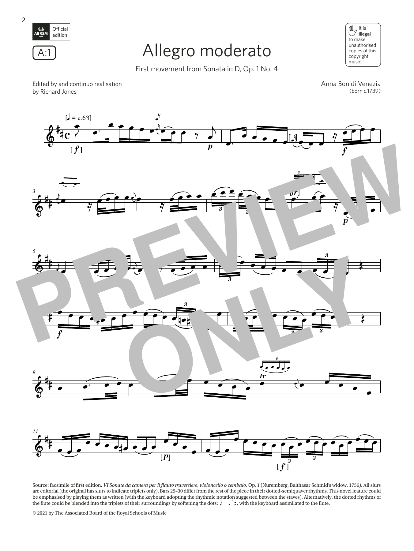 Anna Bon di Venezia Allegro moderato (from Sonata in D) (Grade 7 List A1 from the ABRSM Flute syllabus from 2022) sheet music notes and chords arranged for Flute Solo