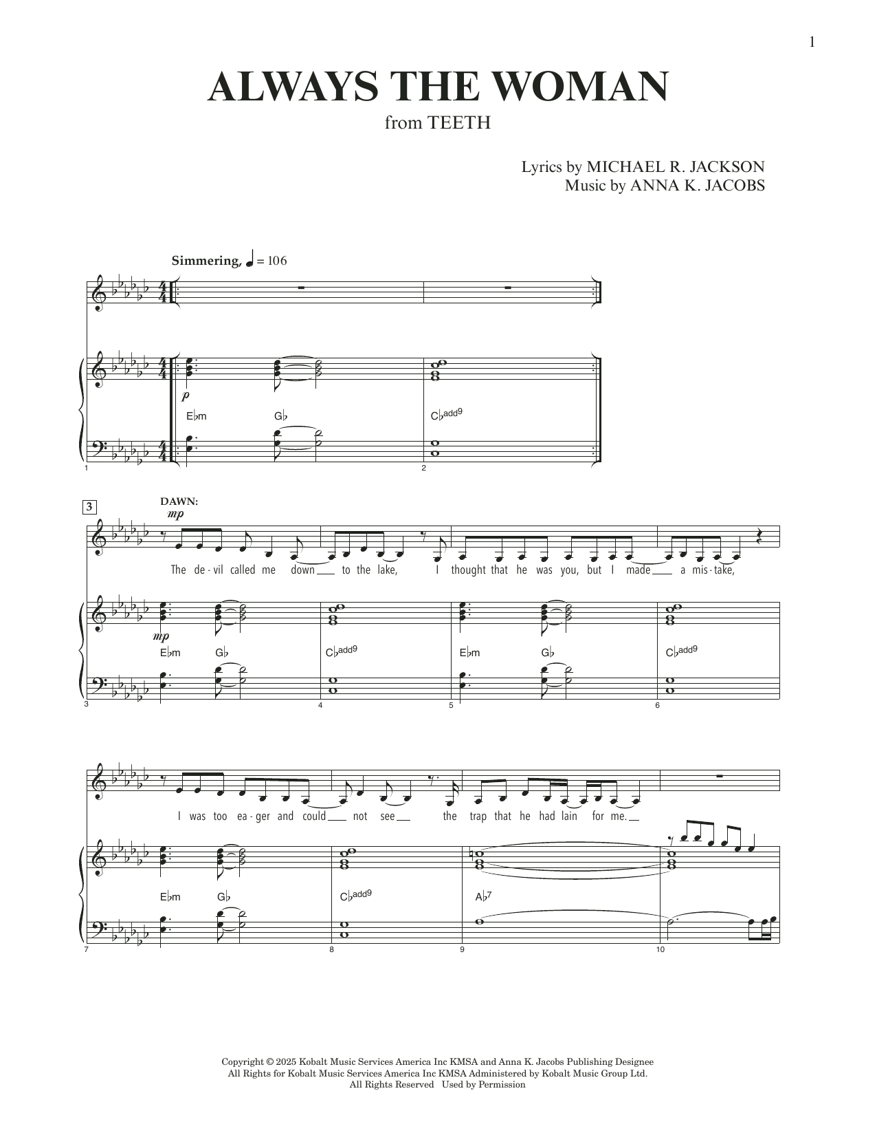 Anna K. Jacobs and Michael R. Jackson Always The Woman (from Teeth) (E-flat Minor) sheet music notes and chords arranged for Piano & Vocal